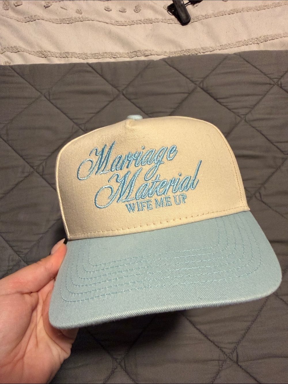Marriage Material Embroidered Trucker Hat in Cream and Light Blue